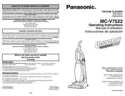 Panasonic MC-V7522 Vacuum Cleaner Operating Instructions - cover page