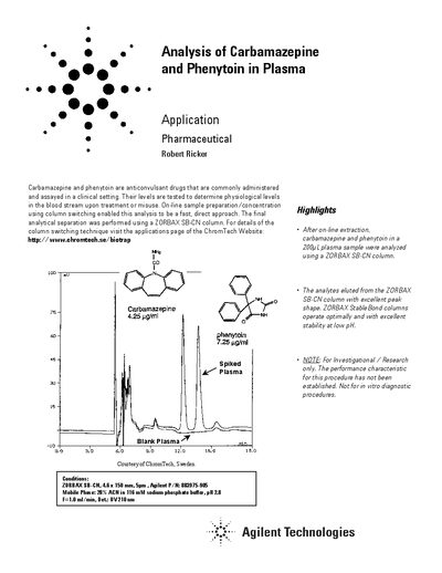 Agilent Analysis of Carbamazepine and Phenytoin in Plasma Application Note - cover page