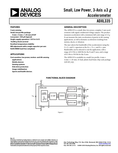 Analog Devices ADXL335 3‑Axis ±3 g Accelerometer Datasheet - cover page