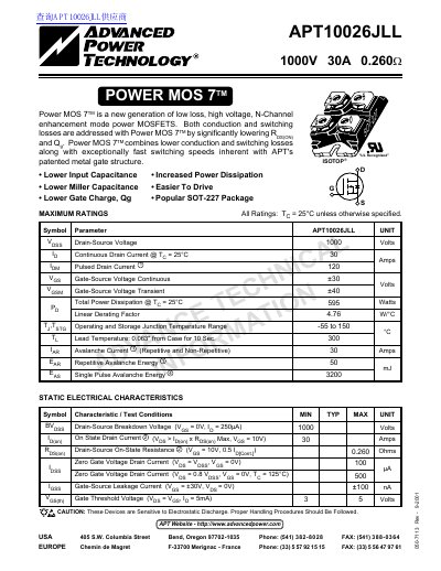 Advanced Power Technology APT10026JLL Power MOSFET Datasheet - cover page