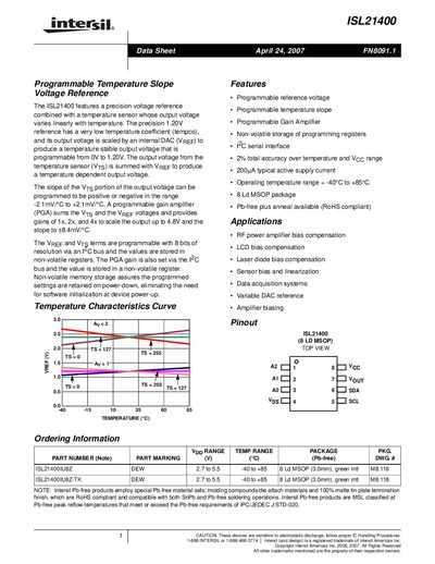 Intersil ISL21400 Programmable Temperature Slope Voltage Reference Datasheet - cover page