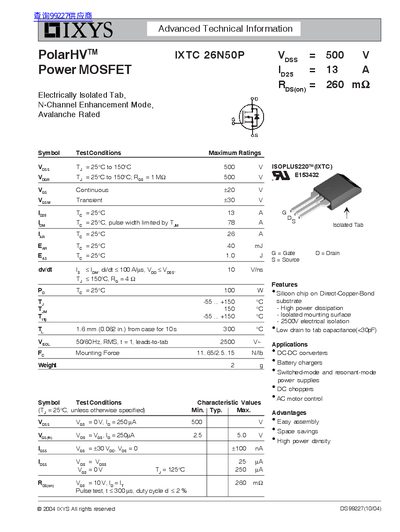 IXYS IXTC 26N50P Power MOSFET Datasheet - cover page