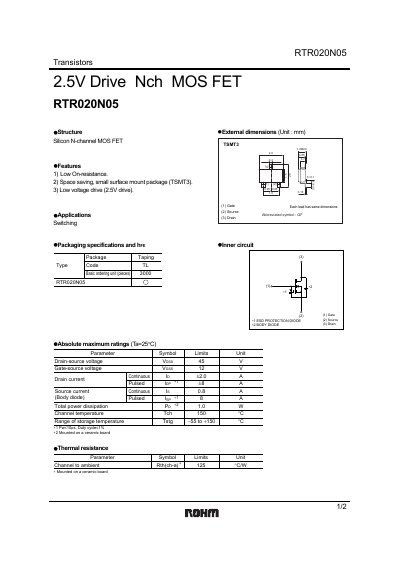 Rohm RTR020N05 N‑Channel MOSFET Datasheet - cover page