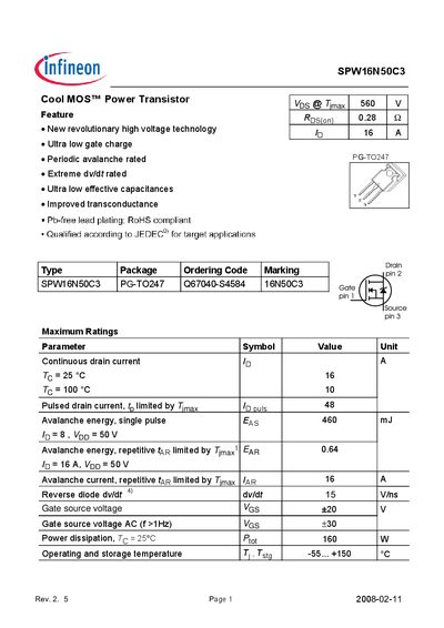 Infineon SPW16N50C3 Power Transistor Datasheet - cover page