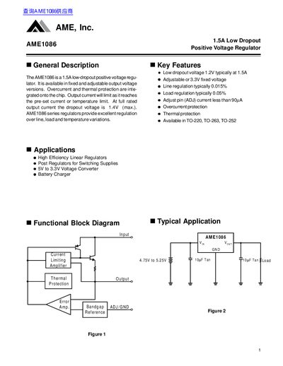 AME AME1086 1.5A Low Dropout Positive Voltage Regulator Datasheet - cover page