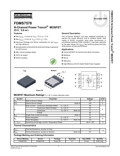 Fairchild Semiconductor FDMS7578 N-Channel Power Trench MOSFET Datasheet - cover page