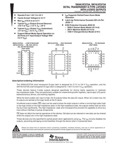 Texas Instruments SN54LVC573A / SN74LVC573A Datasheet - cover page