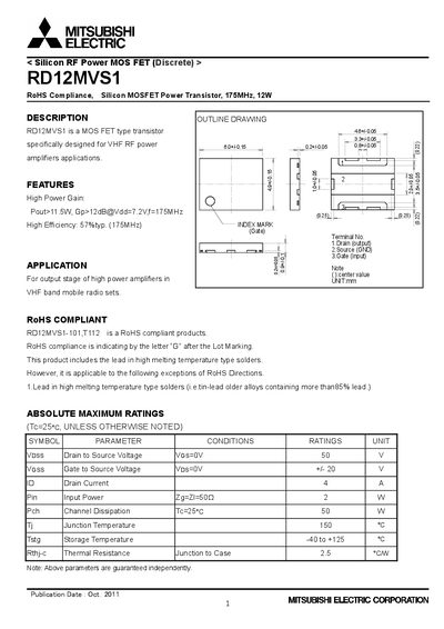 Mitsubishi RD12MVS1 Silicon RF Power MOSFET Datasheet - cover page