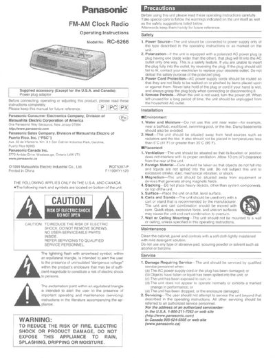 Panasonic RC-6266 FM-AM Clock Radio Operating Instructions - cover page