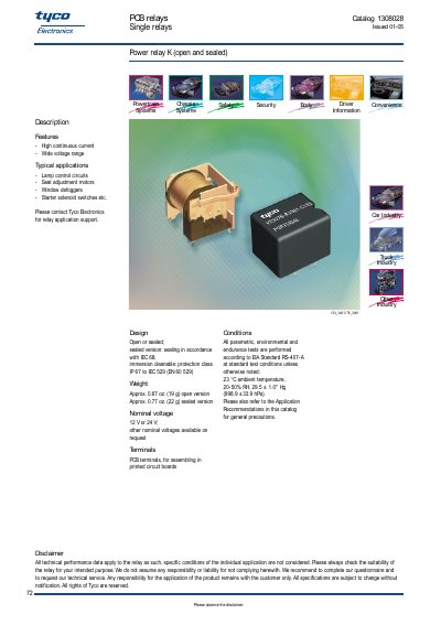 Tyco Power Relay K PCB Relay Datasheet - cover page
