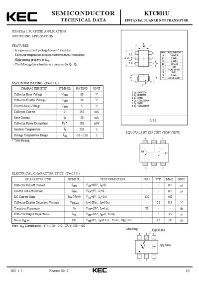 KEC KTC811U Epitaxial Planar NPN Transistor Datasheet - cover page