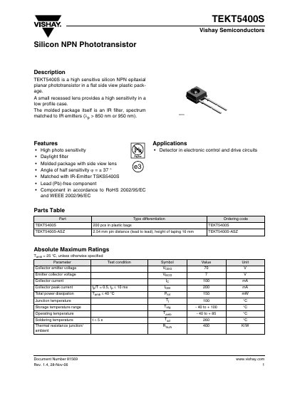 Vishay TEKT5400S Silicon NPN Phototransistor Datasheet - cover page