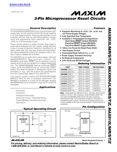 MAXIM MAX803L/M/R/S/T/Z MAX809J/L/M/R/S/T/Z MAX810L/M/R/S/T/Z 3-Pin Microprocessor Reset Circuits handbook - cover page