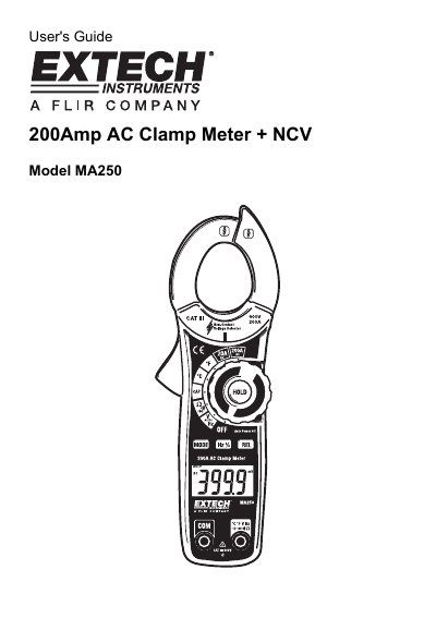 Extech MA250 200Amp AC Clamp Meter User's Guide - cover page