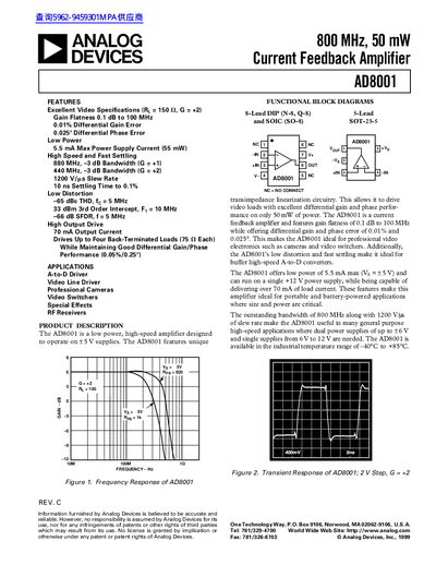 ANALOG DEVICES AD8001 800 MHz 50 mW Current Feedback Amplifier handbook - cover page