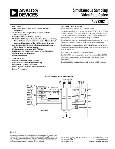 Analog Devices ADV7202 Video Rate Codec Datasheet