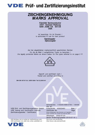 Fairchild Semiconductor FOD Series Optocoupler VDE Mark Approval Certificate - cover page