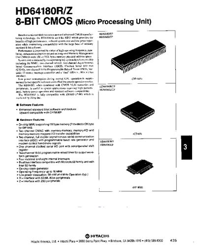 Hitachi HD64180R/Z 8-Bit CMOS MPU Datasheet - cover page
