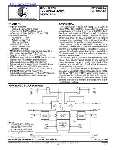 IDT IDT7130SA/LA and IDT7140SA/LA High-Speed 1K x 8 Dual-Port Static RAM Datasheet - cover page