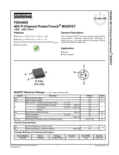 Fairchild Semiconductor FDD4685 40V P-Channel PowerTrench MOSFET Datasheet - cover page