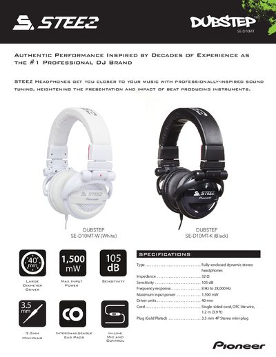 Pioneer SE-D10MT Dubstep Headphones Product Leaflet - cover page