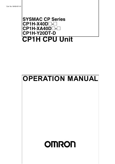Omron CP1H-X40D / CP1H-XA40D / CP1H-Y20DT-D CPU Unit Operation Manual - cover page