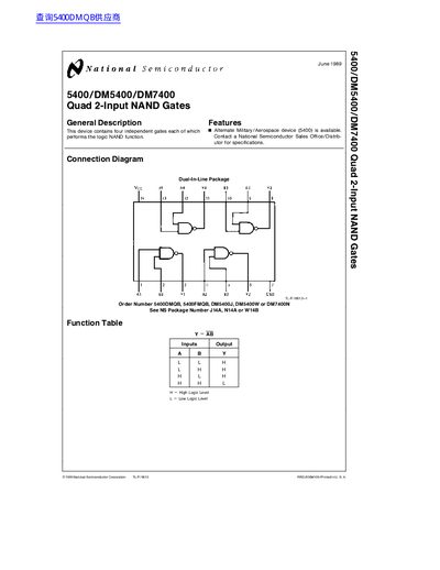 National Semiconductor 5400/DM5400/DM7400 Quad 2-Input NAND Gates Datasheet - cover page