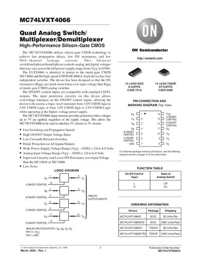 ON Semiconductor MC74LVXT4066 Quad Analog Switch Datasheet - cover page