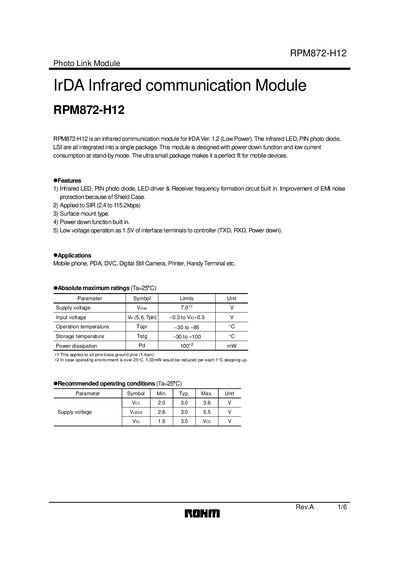ROHM RPM872-H12 Infrared Communication Module Datasheet - cover page