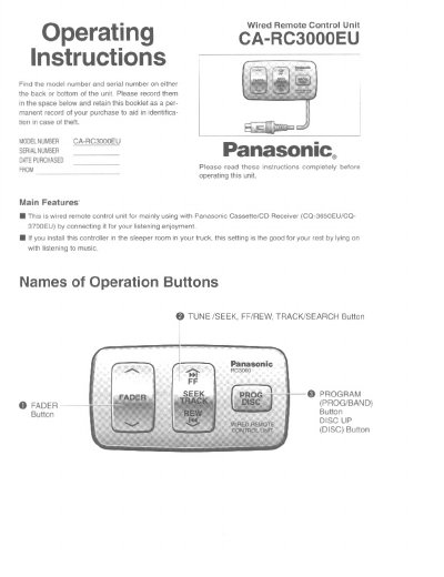 Panasonic CA-RC3000EU Wired Remote Control Unit Operating Instructions - cover page