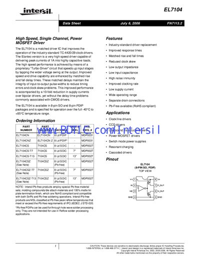 Intersil EL7104 High Speed MOSFET Driver Datasheet - cover page