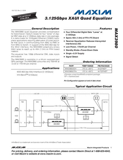 Maxim MAX3980 3.125Gbps XAUI Quad Equalizer Datasheet - cover page