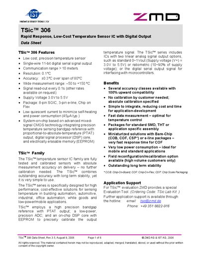 ZMD TSic 306 Temperature Sensor IC Data Sheet - cover page