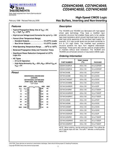 Texas Instruments CD54HC4049/CD74HC4049/CD54HC4050/CD74HC4050 Datasheet - cover page