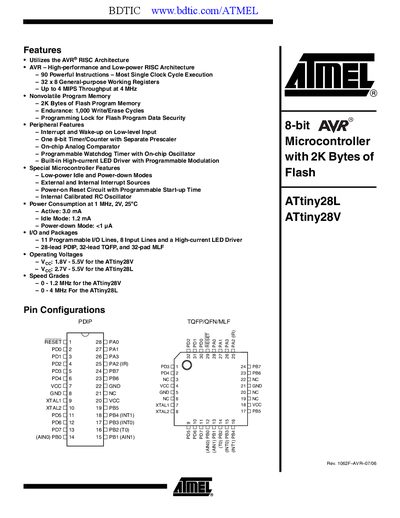 Atmel ATtiny28L Datasheet - cover page