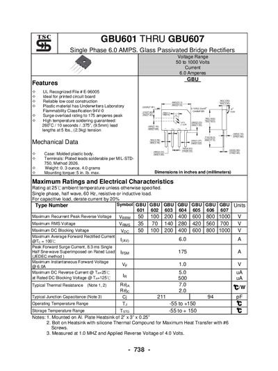 GBU601-GBU607 Bridge Rectifiers Datasheet - cover page