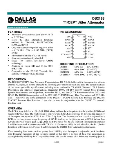 Dallas Semiconductor DS2188 T1/CEPT Jitter Attenuator Datasheet - cover page