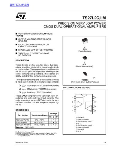 STMicroelectronics TS27L2C/I/M Precision Very Low Power CMOS Dual Operational Amplifiers Datasheet - cover page