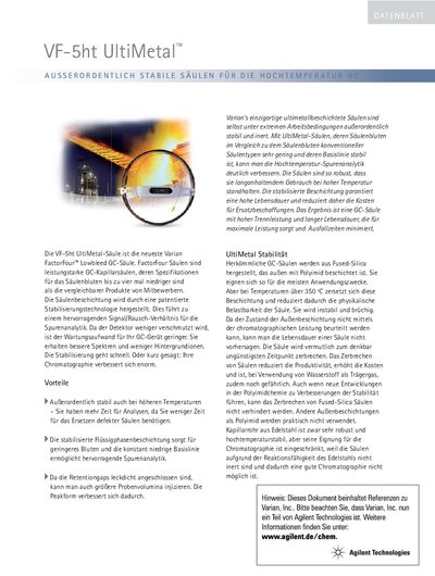 Varian VF-5ht UltiMetal GC Column Product Leaflet - cover page