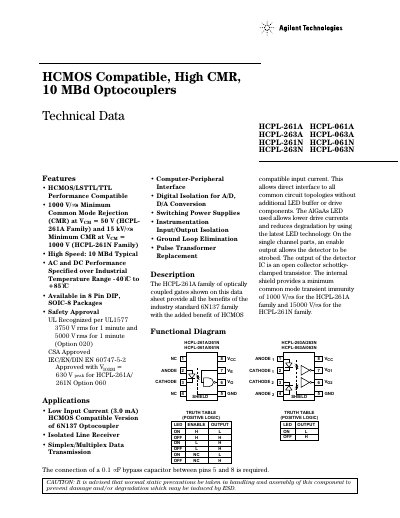 Avago HCPL-261A/HCPL-061A HCMOS Compatible High CMR 10 MBd Optocouplers Datasheet - cover page