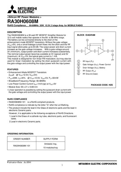 Mitsubishi Electric RA30H0608M RF Power Module Datasheet - cover page