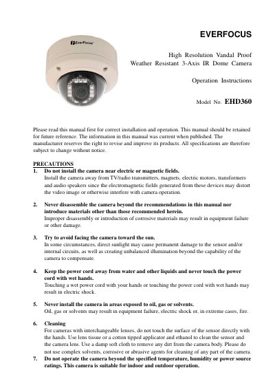 EverFocus EHD360 3-Axis IR Dome Camera Operation Instructions - cover page