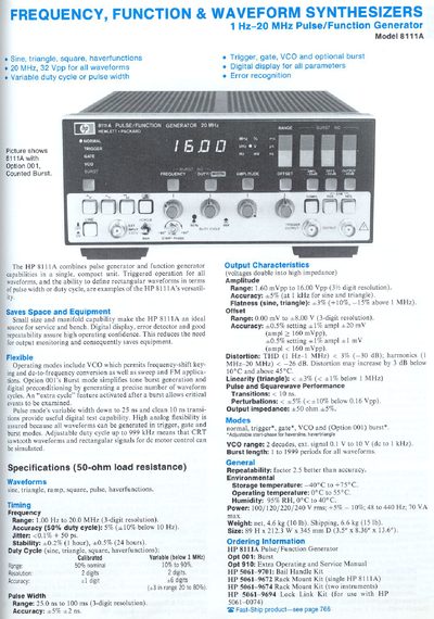 8111A 1 Hz-20 MHz Pulse/Function Generator - cover page