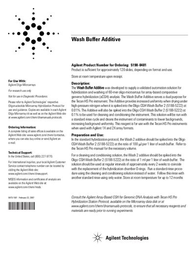 Agilent Wash Buffer Additive Product Insert - cover page