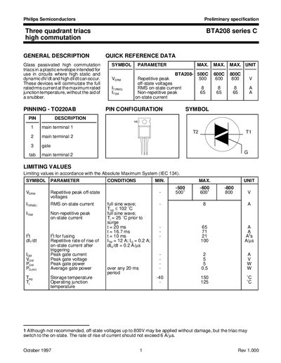 Philips BTA208 Series C Triac Datasheet - cover page