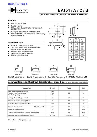 WTE BAT54 Series Datasheet - cover page