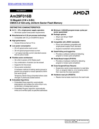 AMD Am29F016B 16 Megabit (2 M x 8-Bit) CMOS 5.0 Volt-only Uniform Sector Flash Memory - cover page