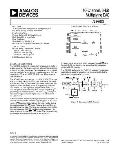 Analog Devices AD8600 16‑Channel 8‑Bit Multiplying DAC Datasheet - cover page