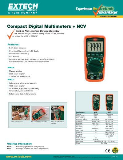 EXTECH MN42/MN47 Compact Digital Multimeters + NCV Datasheet - cover page