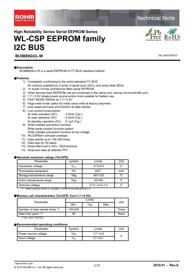 ROHM BU9889GUL-W Serial EEPROM Technical Note - cover page